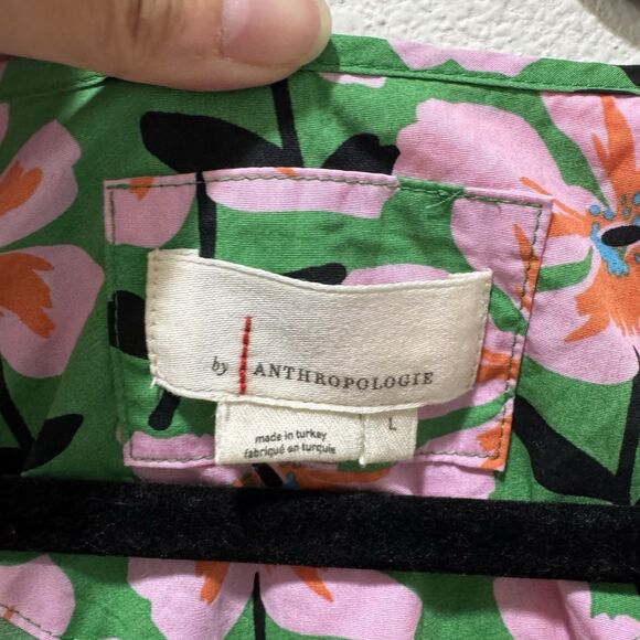 Anthropologie The Somerset Mini Dress Tiered Smocked Waist Green & Pink Sz L - Picture 7 of 11